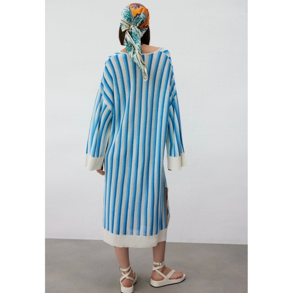 Women’s Blue and White Striped Linen Zara V-Neck Tunic Dress - Picture 5 of 14